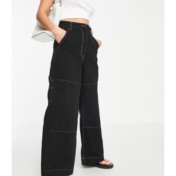 Topshop Pants - Topshop Wide Leg Utility Carpenter Pants Black Contrast Stitch High Rise punk